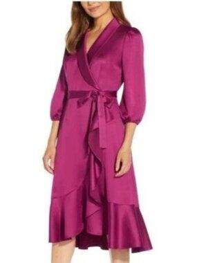 Adrianna Papell Fuchsia Satin Wrap Midi Dress